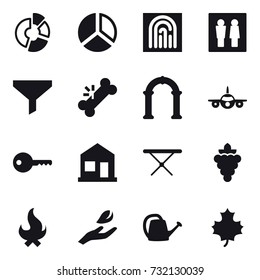 16 vector icon set : circle diagram, diagram, fingerprint, wc, funnel, arch, key, home, iron board, grape, fire, hand leaf, watering can, maple leaf