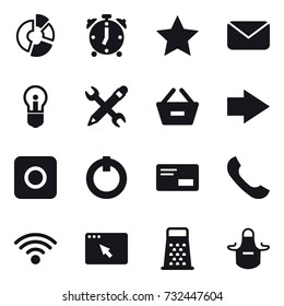 16 vector icon set : circle diagram, alarm clock, star, mail, bulb, pencil wrench, remove from basket, right arrow, ring button, apron