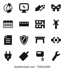 16 vector icon set : circle diagram, monitor arrow, up down arrow, bow, calendar, bunker, modular house, windmill, shield, table, cutting board, wrench