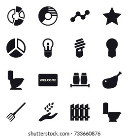 16 vector icon set : circle diagram, graph, star, diagram, bulb, toilet, welcome mat, fork, harvest, fence