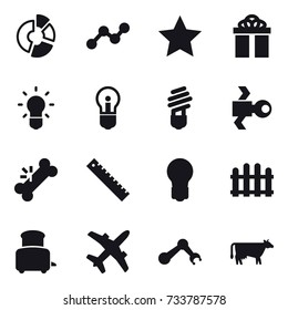 16 vector icon set : circle diagram, graph, star, gift, bulb, satellite, ruler, fence, toaster, cow