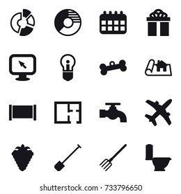 16 vector icon set : circle diagram, calendar, gift, monitor arrow, bulb, bone, project, fence, plan, water tap, berry, shovel, fork, toilet