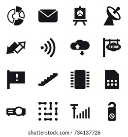 16 vector icon set : circle diagram, mail, presentation, satellite antenna, up down arrow, wireless, cloude service, store signboard, stairs, do not distrub
