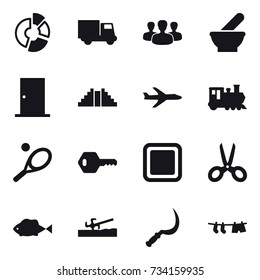 16 vector icon set : circle diagram, truck, group, door, pyramid, plane, train, tennis, key, cutting board, scissors, soil cutter, sickle, drying clothe