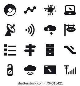 16 vector icon set : circle diagram, graph, chip, notebook, satellite antenna, wireless, cloude service, shop signboard, list, singlepost, escalator, do not distrub