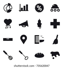 16 vector icon set : circle diagram, graph, percent, lunar rover, cardio chip, loudspeaker, spark plug, level, hotel, broom, whisk, bread, spot