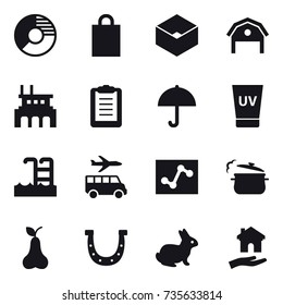 16 vector icon set : circle diagram, shopping bag, box, barn, factory, uv cream, pool, transfer, steam pan, pear, horseshoe, rabbit, housing