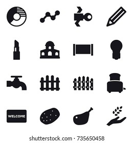 16 vector icon set : circle diagram, graph, satellite, pencil, lipstick, mansion, fence, bulb, water tap, toaster, welcome mat, harvest