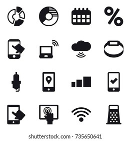 16 vector icon set : circle diagram, calendar, percent, touch, notebook wireless, cloud wireless, smart bracelet, spark plug, mobile checking