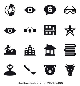16 vector icon set : circle diagram, eye, money message, smart glasses, drawbridge, modular house, starfish, surfer, hotel, home, towels, ladle, pig, cow
