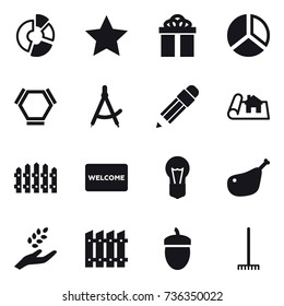 16 vector icon set : circle diagram, star, gift, diagram, hex molecule, draw compass, pencil, project, fence, welcome mat, harvest, acorn, rake