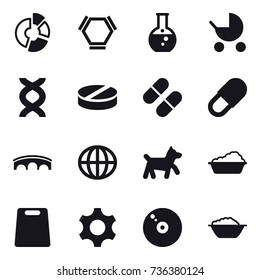 16 vector icon set : circle diagram, hex molecule, round flask, baby stroller, bridge, globe, dog, washing, cutting board, foam basin