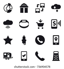 16 vector icon set : circle diagram, gift, notebook connect, cloude service, cloud wireless, smart bracelet, add to cart, mobile pay, star, spark plug, phone, trailer, mobile checking