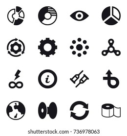 16 vector icon set : circle diagram, eye, diagram, around gear, gear, round around, spinner, infinity power, info, earth, reload, toilet paper
