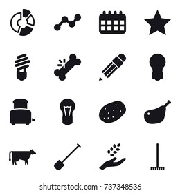 16 vector icon set : circle diagram, graph, calendar, star, bulb, pencil, toaster, cow, shovel, harvest, rake