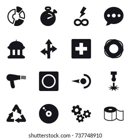16 vector icon set : circle diagram, stopwatch, infinity power, ballon, goverment house, first aid, lifebuoy, hair dryer, ring button, gears, toilet paper