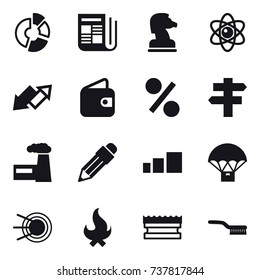 16 vector icon set : circle diagram, newspaper, chess horse, atom, up down arrow, wallet, percent, singlepost, factory, pencil, fire, sponge, brush