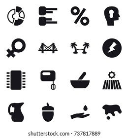 16 vector icon set : circle diagram, diagram, percent, bulb head, bridge, palm hammock, electricity, mortar, field, jug, acorn, hand and drop, spot