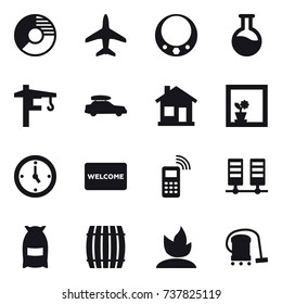 16 vector icon set : circle diagram, plane, necklace, tower crane, car baggage, home, flower in window, watch, welcome mat, flour, barrel, sprouting, vacuum cleaner