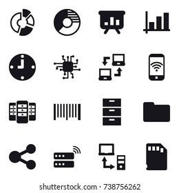 16 vector icon set : circle diagram, presentation, graph, clock, chip, notebook connect, phone wireless, server, barcode
