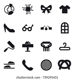 16 vector icon set : circle diagram, chip, bow, t-shirt, shoes, drawbridge, arch window, repair, restaurant, antique column, hanger, slippers