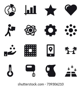 16 vector icon set : circle diagram, graph, star, heart, courier, atom, gear, round around, chamical industry, cpu, palm hammock, thermometer, jug, clean floor