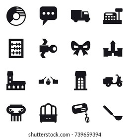 16 vector icon set : circle diagram, message, truck, cashbox, abacus, satellite, bow, castle, mansion, drawbridge, building, antique column, dresser, mixer, ladle