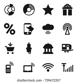 16 vector icon set : circle diagram, star, gift, percent, touch, cloud wireless, antenna, add to cart, spark plug, goverment house, trailer