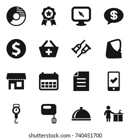 16 vector icon set : circle diagram, medal, monitor arrow, money message, dollar coin, add to basket, shop, mobile checking, handle scales, kitchen cleaning