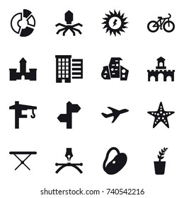 16 vector icon set : circle diagram, virus, sun power, bike, castle, houses, modern architecture, fort, tower crane, starfish, iron board, seedling