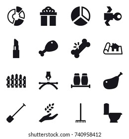 16 vector icon set : circle diagram, gift, diagram, satellite, lipstick, chicken leg, project, fence, shovel, harvest, rake, toilet