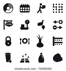 16 vector icon set : circle diagram, calendar, courier, chip, store signboard, golf, watering, trash bin, clean floor, cleanser, pile of garbage