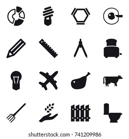 16 vector icon set : circle diagram, bulb, hex molecule, cell corection, pencil, ruler, drawing compass, toaster, cow, fork, harvest, fence, toilet