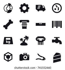 16 vector icon set : circle diagram, gear, delivery, column, level, island, antique column, water tap, walnut crack