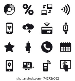 16 vector icon set : circle diagram, percent, notebook connect, wireless, phone wireless, cloude service, tap to pay, smartwatch, star, spark plug, phone, trailer