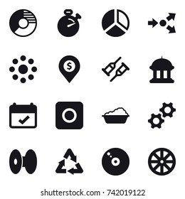 16 Vector Icon Set : Circle Diagram, Stopwatch, Diagram, Core Splitting, Round Around, Dollar Pin, Goverment House, Ring Button, Washing, Wheel