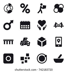 16 vector icon set : circle diagram, percent, courier, atom core, bridge, modern architecture, 3d, ring button, mortar