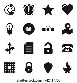 16 vector icon set : circle diagram, alarm clock, star, heart, bulb, crypto currency, drawbridge, unlocked, phone, berry, fire