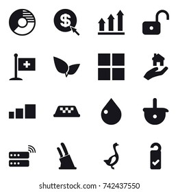 16 vector icon set : circle diagram, dollar arrow, graph up, unlock, window, real estate, taxi, drop, knife holder, goose, please clean