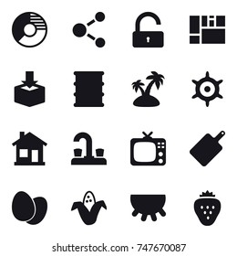 16 vector icon set : circle diagram, molecule, unlock, island, handwheel, home, water tap, tv, cutting board, corn, udder, strawberry