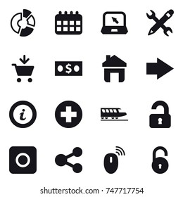 16 vector icon set : circle diagram, calendar, notebook, pencil wrench, add to cart, money, home, right arrow, info, train, unlocked, ring button