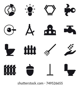 16 vector icon set : circle diagram, bulb, hex molecule, satellite, cell corection, draw compass, mansion, water tap, toilet, fence, fork, harvest, acorn, rake