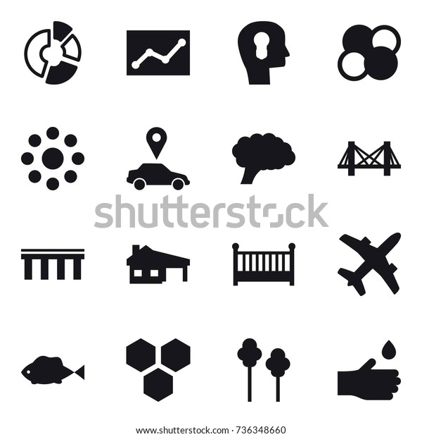 16 vector icon set : circle\
diagram, statistic, bulb head, atom core, round around, car\
pointer, bridge, house with garage, crib, honeycombs, trees, hand\
drop