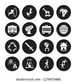 16 vector icon set : Circus Lion, Acrobatics, Aerialist, Amusement park, arena, Acrobat, Car, Bottle throw, Cage isolated on black background