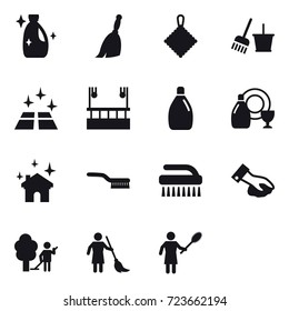 16 vector icon set : cleanser, broom, rag, bucket and broom, clean floor, skyscapers cleaning, cleanser, dish cleanser, house cleaning, brush, brush, wiping, garden cleaning, brooming