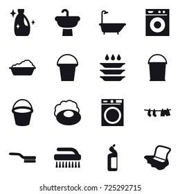 16 vector icon set : cleanser, bath, washing machine, washing, bucket, plate washing, soap, drying clothe, brush, toilet cleanser, floor washing