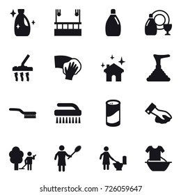 16 vector icon set : cleanser, skyscapers cleaning, dish cleanser, vacuum cleaner, wiping, house cleaning, plunger, brush, cleanser powder, garden cleaning, woman with pipidaster, toilet cleaning