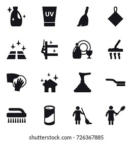 16 vector icon set : cleanser, uv cream, broom, rag, clean floor, skyscrapers cleaning, dish cleanser, vacuum cleaner, wiping, house cleaning, plunger, brush, cleanser powder, brooming
