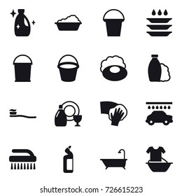 16 vector icon set : cleanser, washing, bucket, plate washing, soap, shampoo, tooth brush, dish cleanser, wiping, car wash, brush, toilet cleanser, bath, handle washing