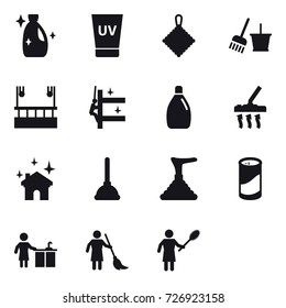 16 vector icon set : cleanser, uv cream, rag, bucket and broom, skyscapers cleaning, skyscrapers cleaning, vacuum cleaner, house cleaning, plunger, cleanser powder, kitchen cleaning, brooming